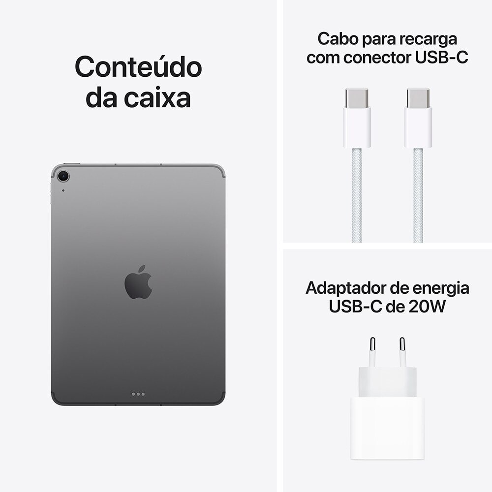 iPad Air Apple 11" 256 GB, Chip M3, Wi-Fi + Cellular, Câmera Traseira 12MP, Cinza-espacial - MCG04BZ/A iPad Air Apple 11" 256 GB, Chip M3, Wi-Fi + Cellular, Câmera Traseira 12MP, Cinza-espacial - MCG04BZ/A