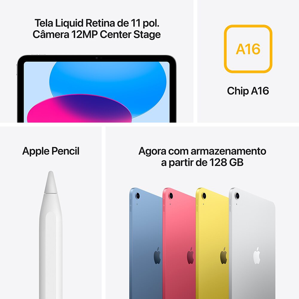 iPad Apple 11" A16, Wi-Fi, 256GB, Câmera 12MP, Prateado - MD4G4BZ/A iPad Apple 11" A16, Wi-Fi, 256GB, Câmera 12MP, Prateado - MD4G4BZ/A
