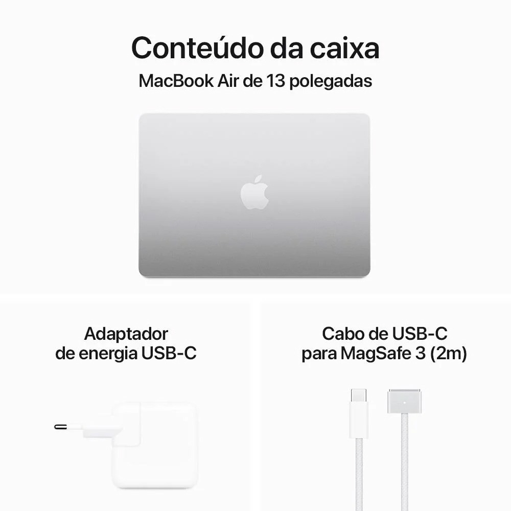 MacBook Air Apple 13", M3, CPU 8 Núcleos, GPU 8 Núcleos, Neural Engine 16 Núcleos, 16GB RAM, SSD 256GB, Prateado - MC8H4BZ/A