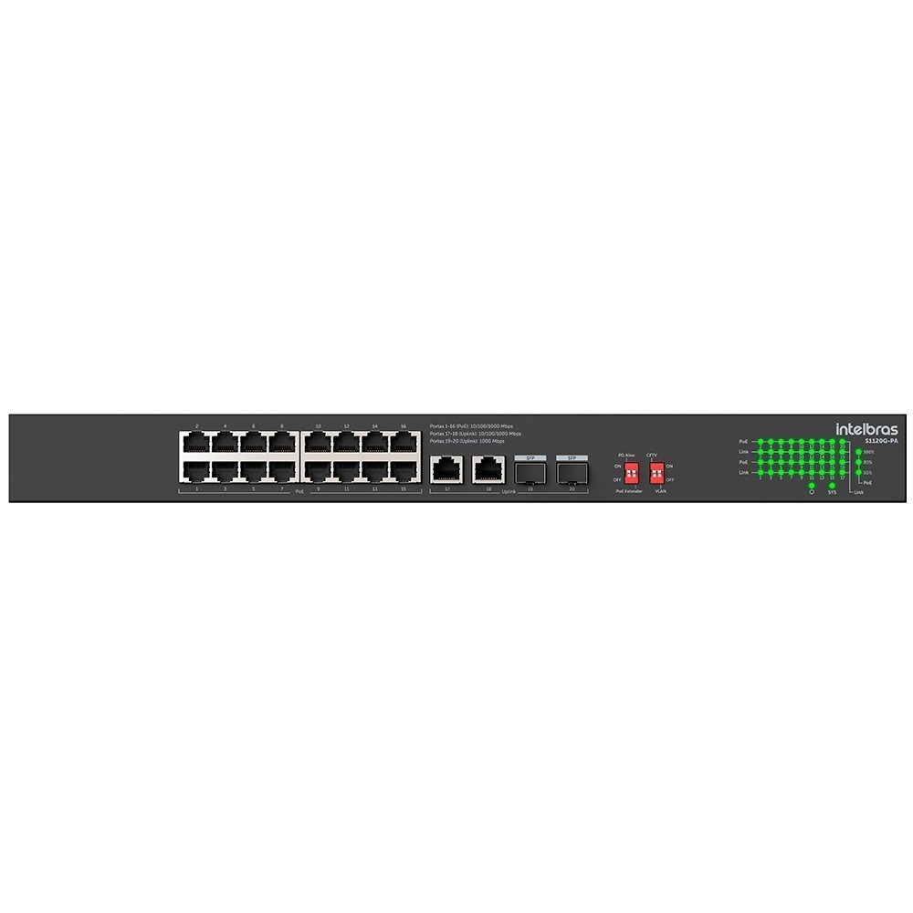 Switch Intelbras Não Gerenciável PoE 20 portas Gigabit Ethernet S1120G-PA