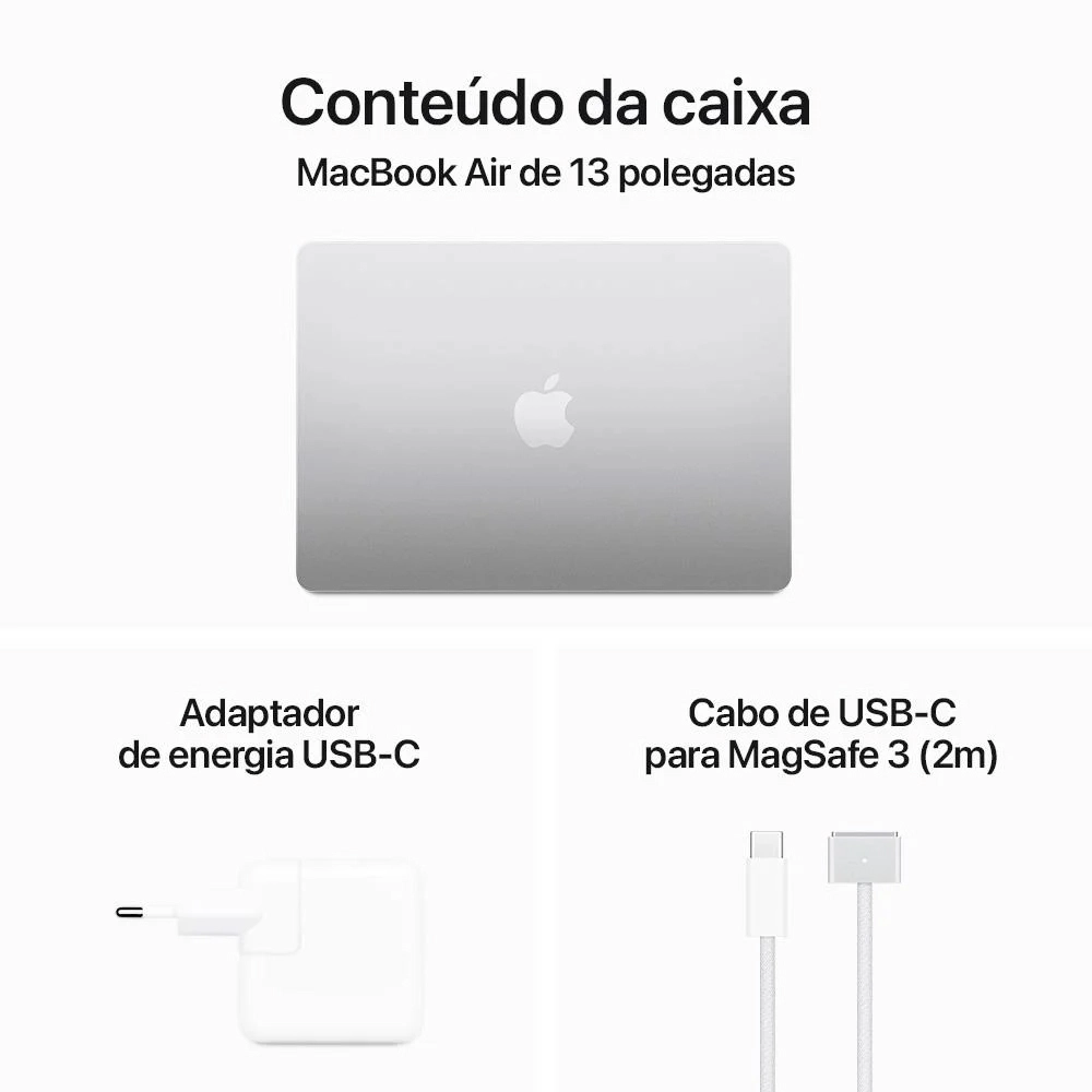 MacBook Air Apple 13", M3, CPU 8 Núcleos, GPU 8 Núcleos, Neural Engine 16 Núcleos, 16GB RAM, SSD 256GB, Prateado - MC8H4BZ/A