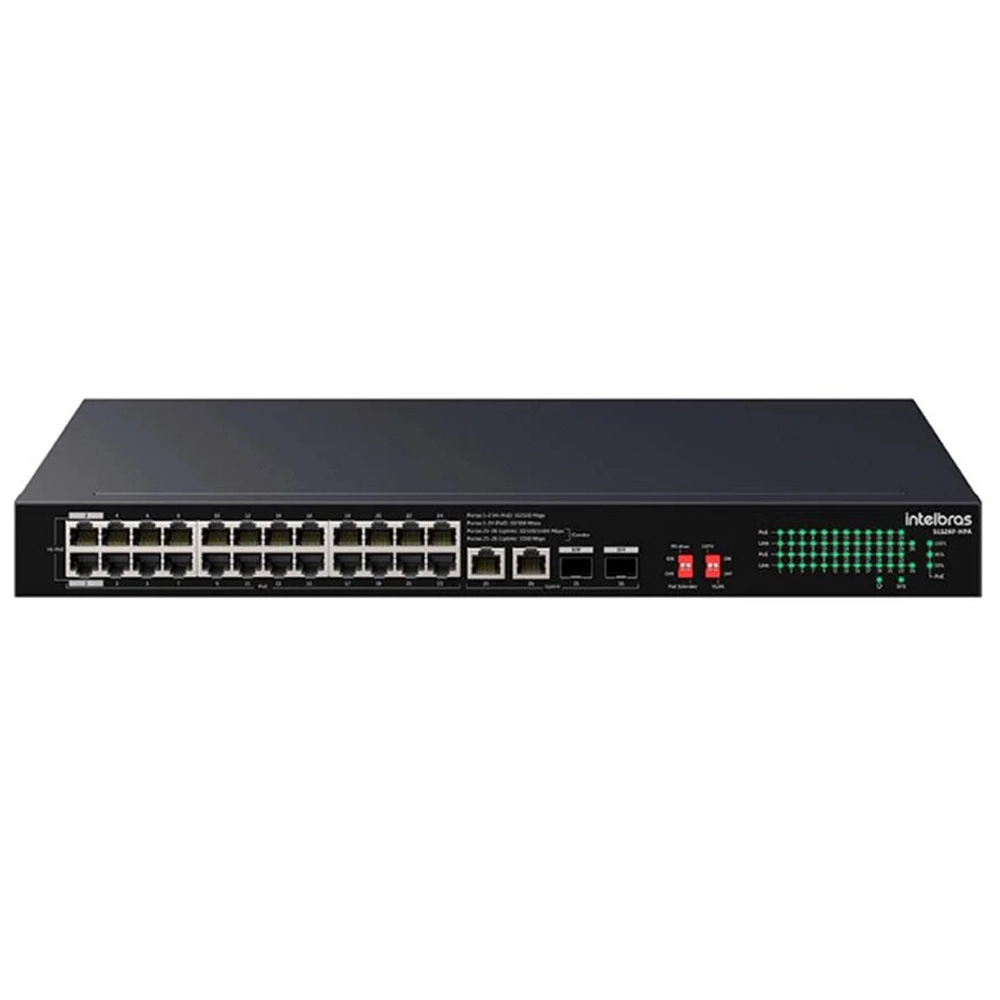 Switch Intelbras 24 Portas Fast Ethernet, 2 Gigabit, 2 SFP Hi-Poe S1126F-HPA - 4760129 Switch Intelbras 24 Portas Fast Ethernet, 2 Gigabit, 2 SFP Hi-Poe S1126F-HPA - 4760129